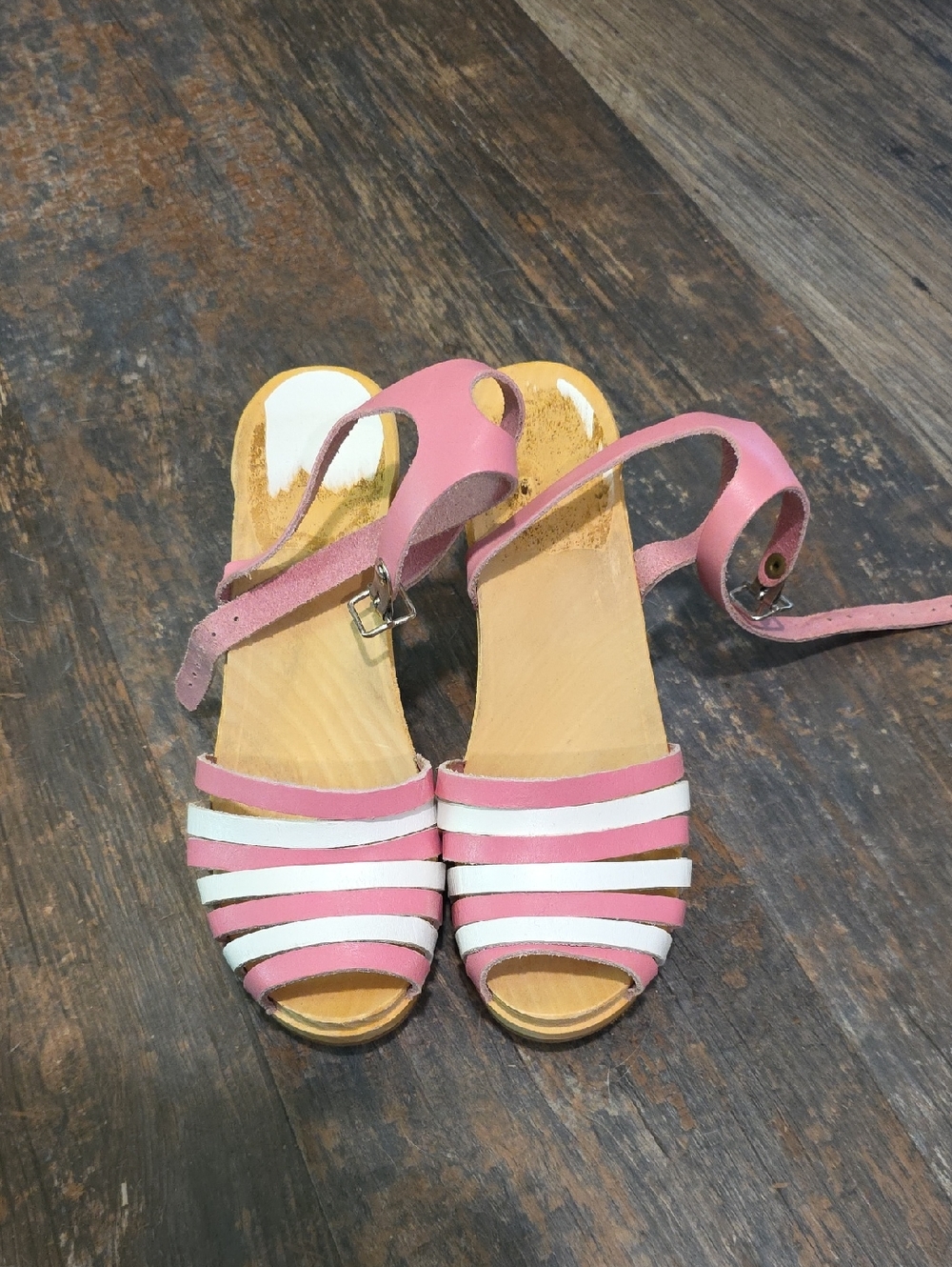 Swedish Hasbeens Women’s Pink & White Strappy Clog Sandals Size 38